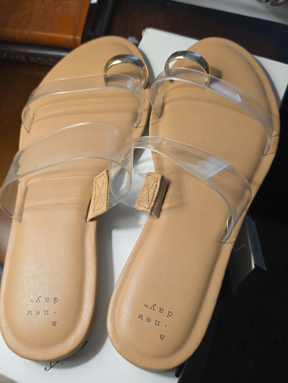 a new day Tan Slide Sandals with Clear Straps